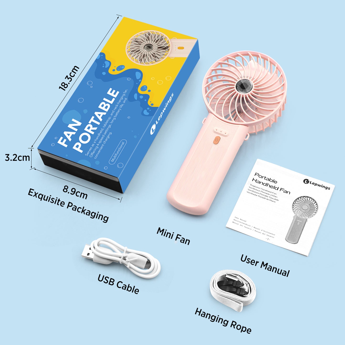 Lepwings Portable Fan USB Rchargeable, 4 Speeds, Foldable & 180 Rotation