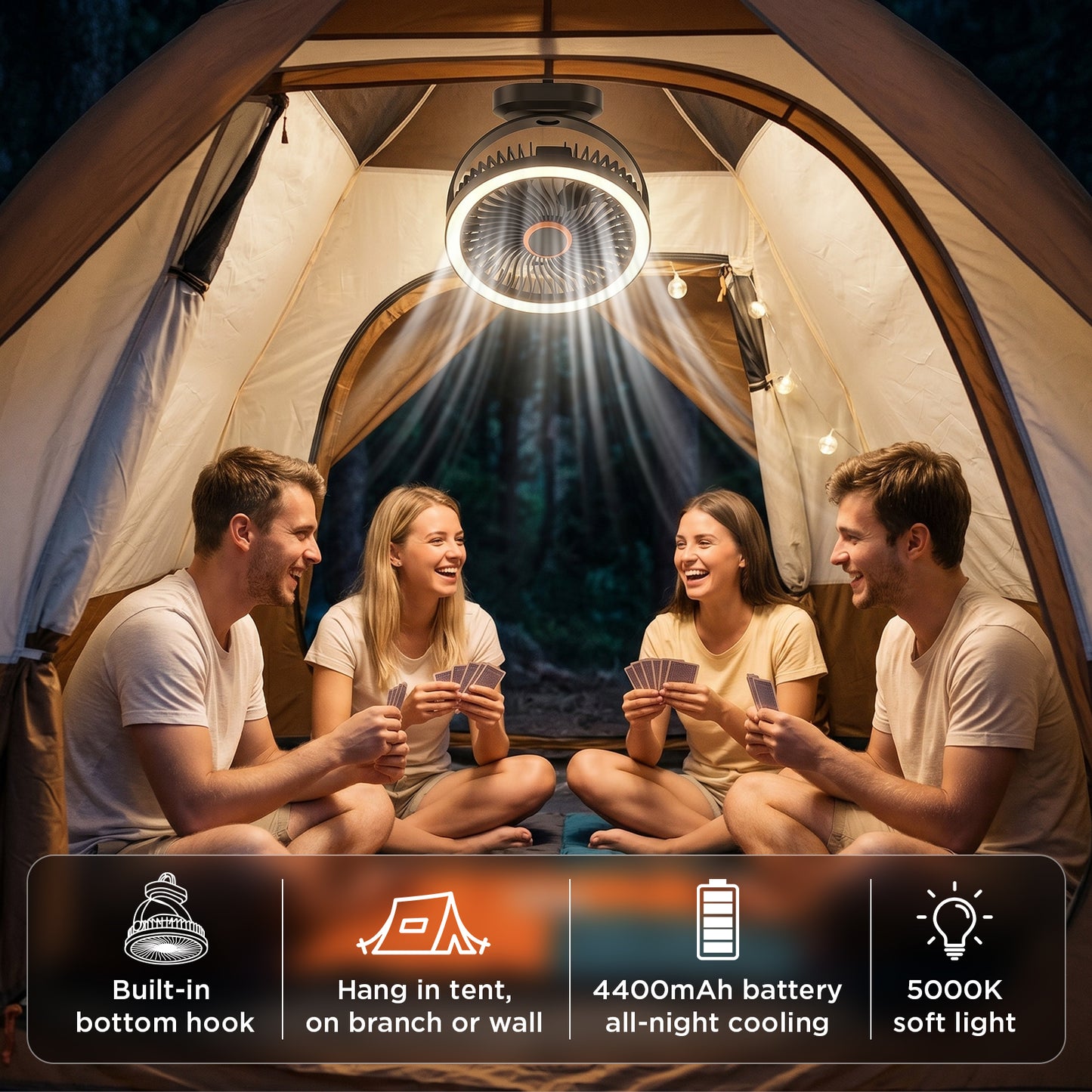 Lepwings Desk Fan with Night Light, USB-C Rechargeable, 4000mAh Battery, 3 Speeds, Use for Table & Suspended