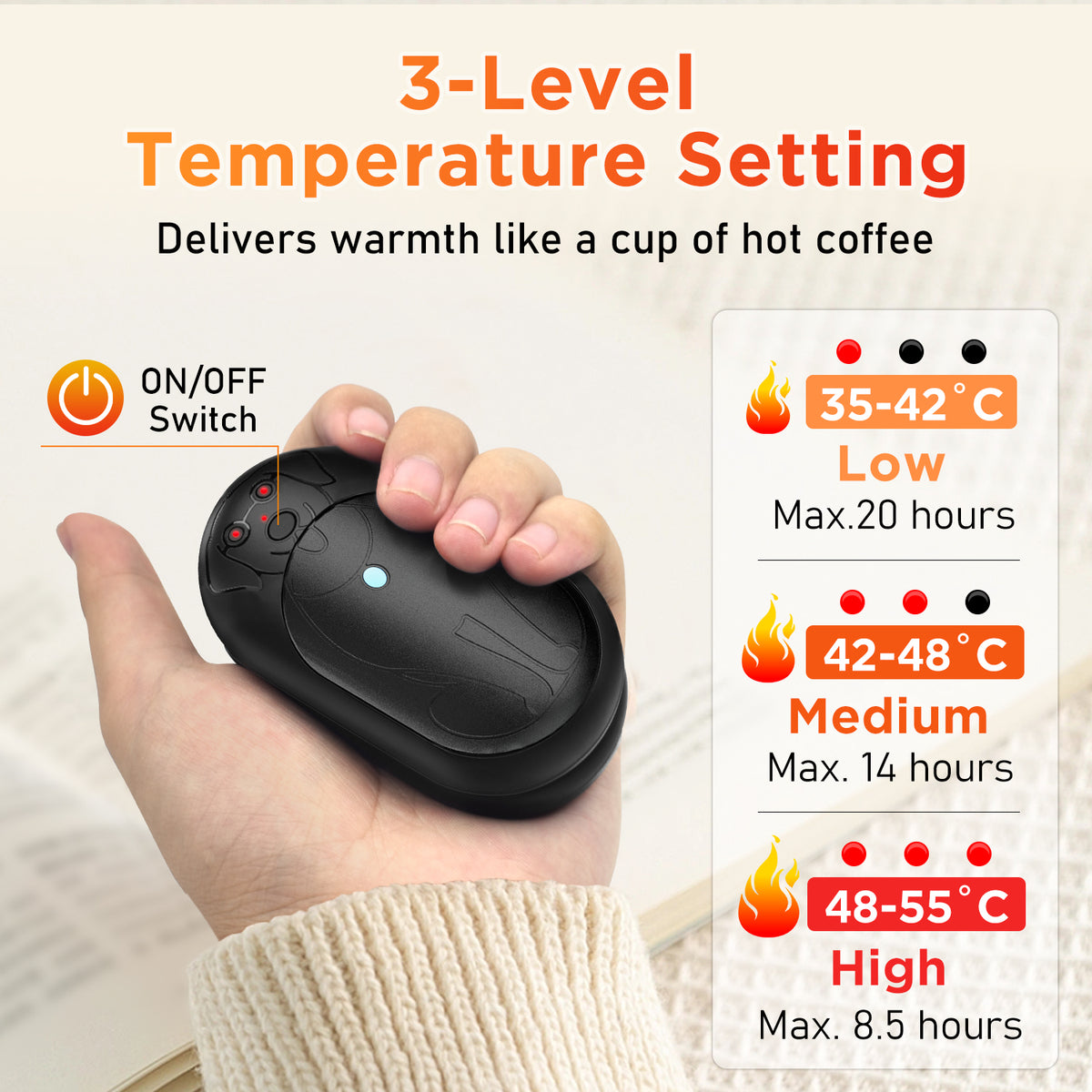 Lepwings Rechargeable Hand Warmers 2 Pack, 6000mAh Battery Long Lasting, 3 Levels Heating Electric Pocket Hand Warmer, Winter Gift for Men and Women, Ideal for Golf Hunting Outdoor Activities