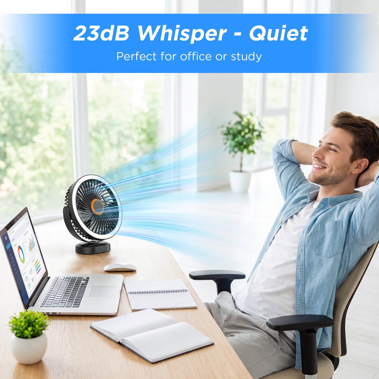 Lepwings Desk Fan with Night Light, USB-C Rechargeable, 4000mAh Battery, 3 Speeds, Use for Table & Suspended