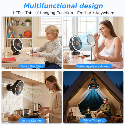 Lepwings Desk Fan with Night Light, USB-C Rechargeable, 4000mAh Battery, 3 Speeds, Use for Table & Suspended