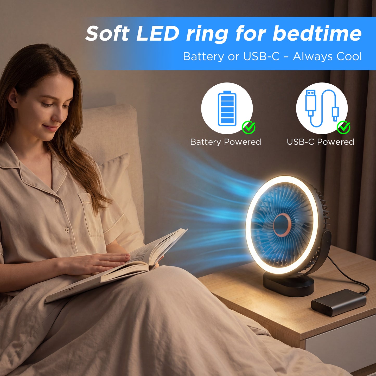 Lepwings Desk Fan with Night Light, USB-C Rechargeable, 4000mAh Battery, 3 Speeds, Use for Table & Suspended