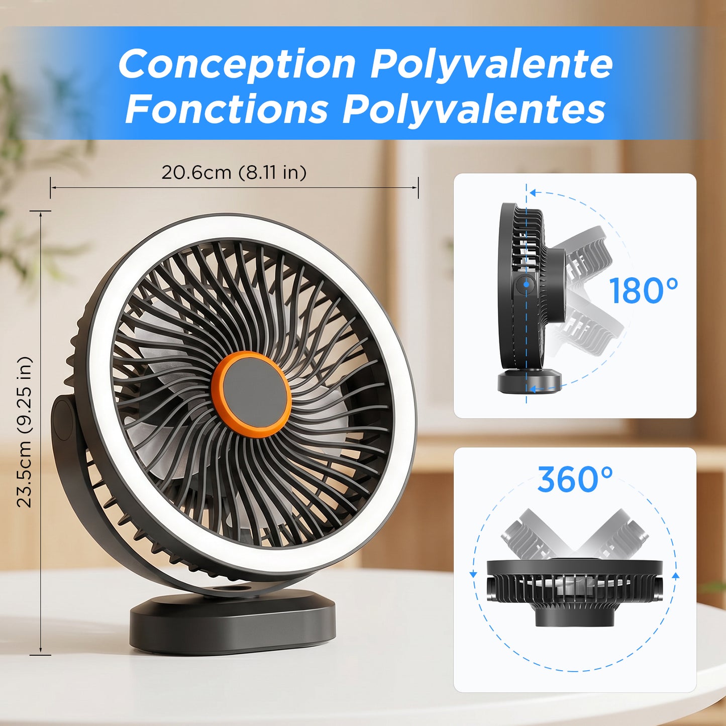 Lepwings Desk Fan with Night Light, USB-C Rechargeable, 4000mAh Battery, 3 Speeds, Use for Table & Suspended